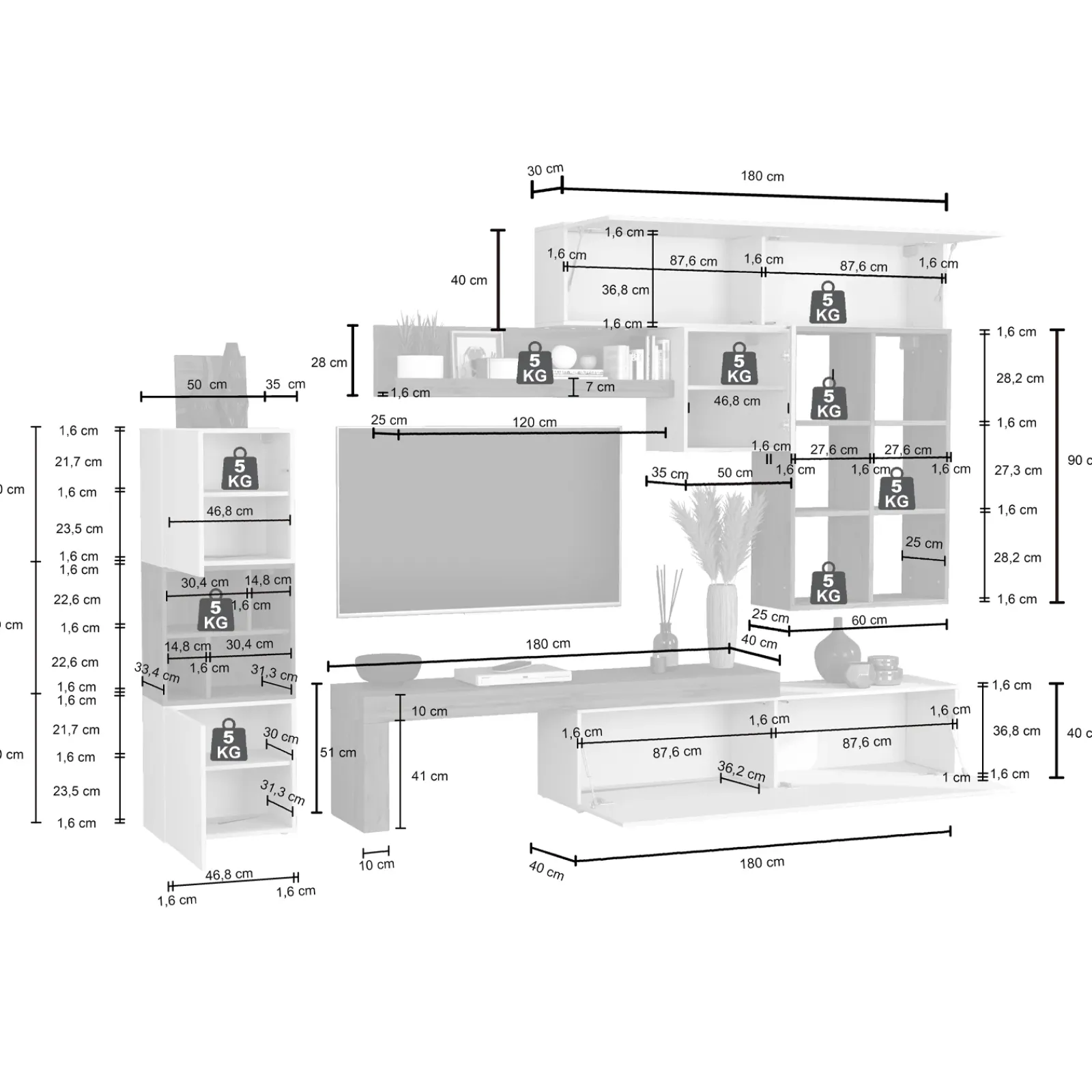 Garnero Arredamenti Parete Attrezzata A Terra|Pareti Attrezzate-Parete attrezzata 350x200h cm antracite tortora rovere Block 3 Tortora - Antracite