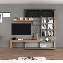 Garnero Arredamenti Parete Attrezzata A Terra|Pareti Attrezzate-Parete attrezzata 270x200h cm antracite tortora rovere Block 4 Tortora - Antracite