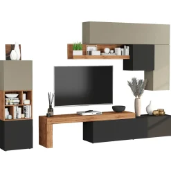 Garnero Arredamenti Parete Attrezzata A Terra|Pareti Attrezzate-Parete attrezzata 350x200h cm antracite tortora rovere Block 1 Tortora - Antracite