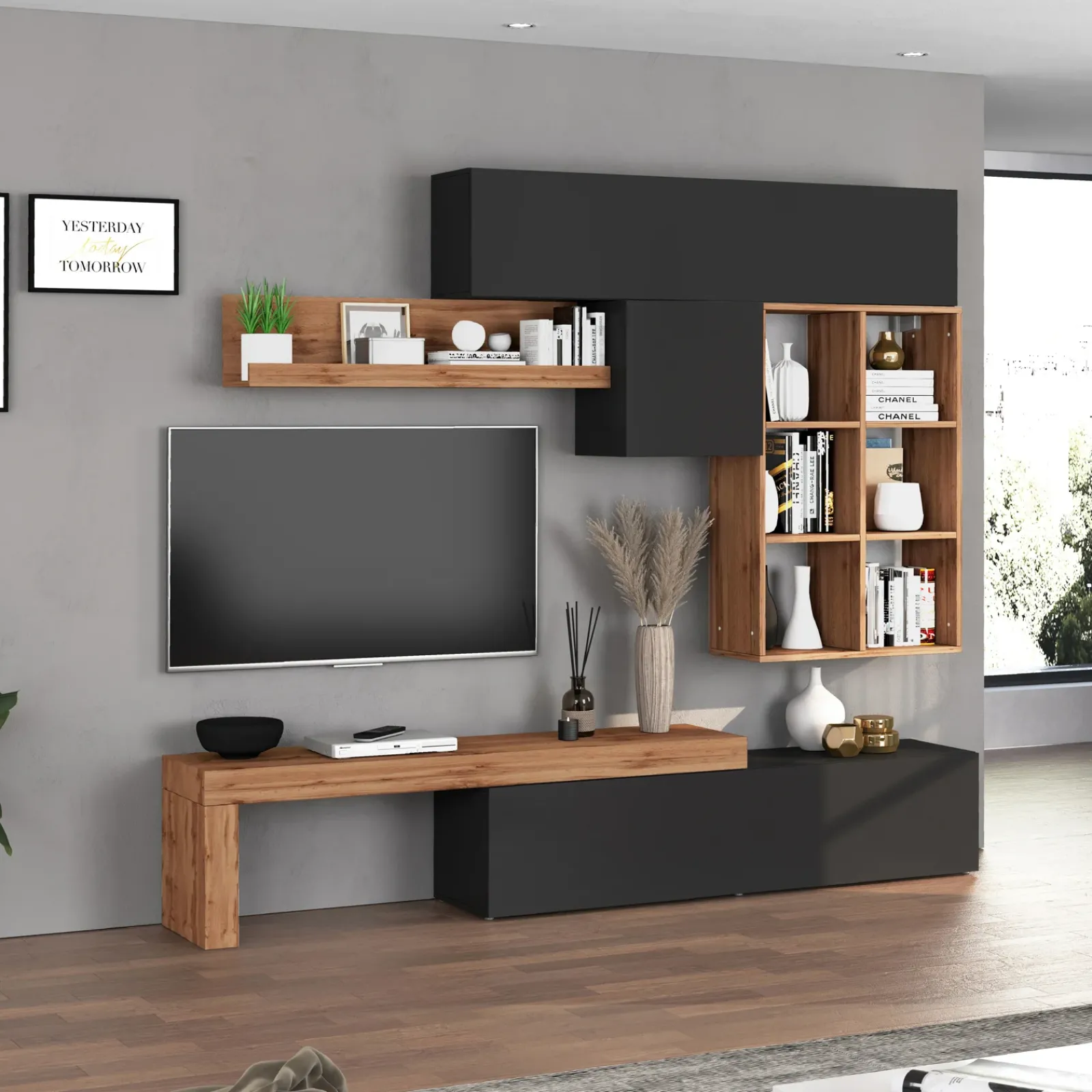 Garnero Arredamenti Parete Attrezzata A Terra|Pareti Attrezzate-Parete attrezzata 270x200h cm antracite rovere Block 4 Antracite - Rovere