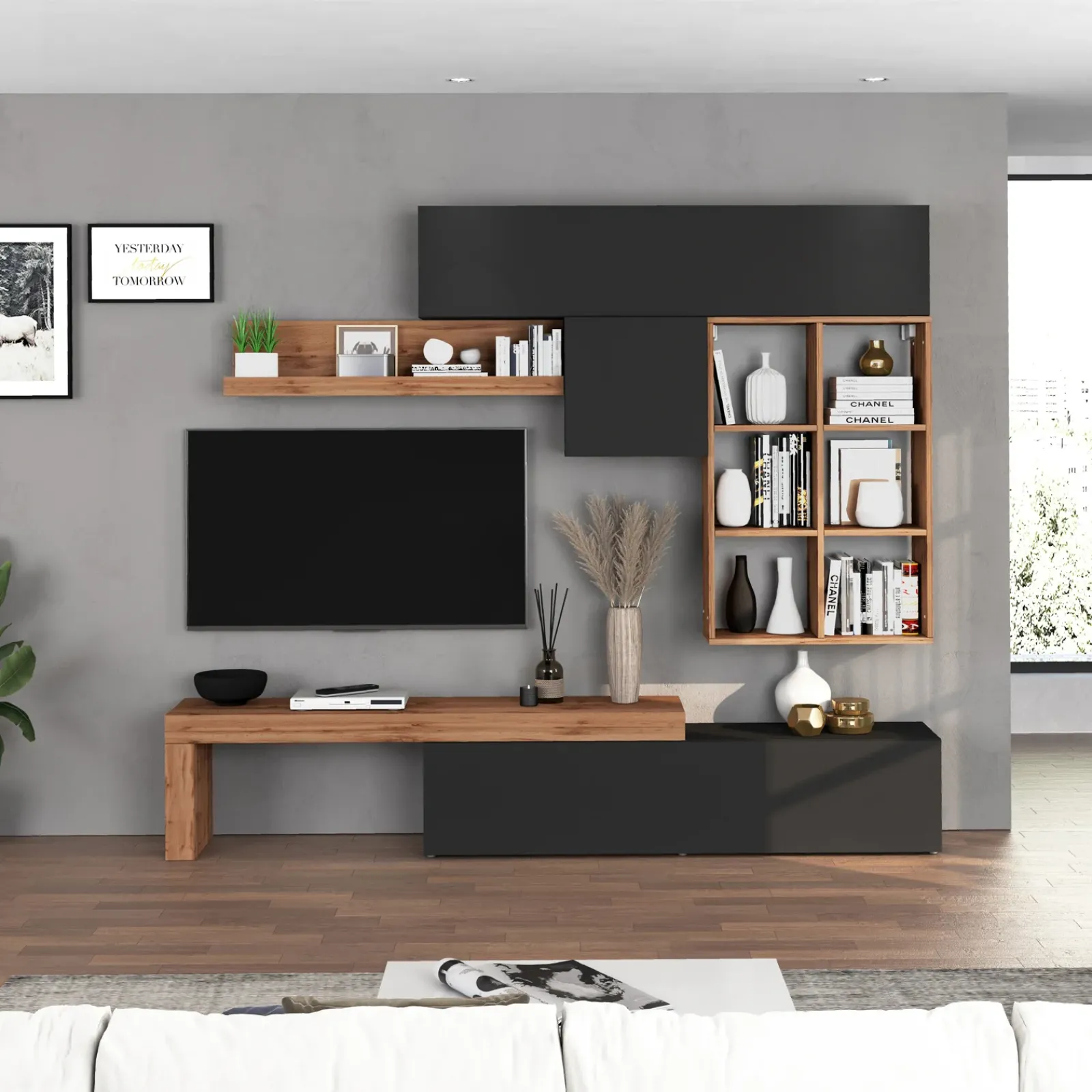 Garnero Arredamenti Parete Attrezzata A Terra|Pareti Attrezzate-Parete attrezzata 270x200h cm antracite rovere Block 4 Antracite - Rovere