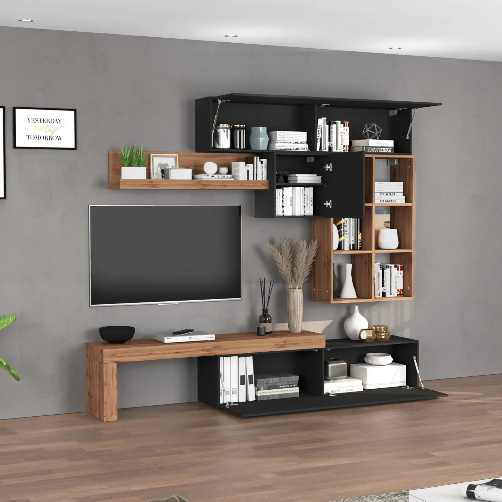 Garnero Arredamenti Parete Attrezzata A Terra|Pareti Attrezzate-Parete attrezzata 270x200h cm antracite rovere Block 4 Antracite - Rovere