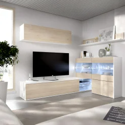 Garnero Arredamenti Parete Attrezzata A Terra|Pareti Attrezzate-Parete attrezzata 260x183h cm angolare reversibile con led rovere bianco lucido Emily