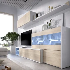 Garnero Arredamenti Parete Attrezzata A Terra|Pareti Attrezzate-Parete attrezzata 260x183h cm angolare reversibile con led rovere bianco lucido Emily