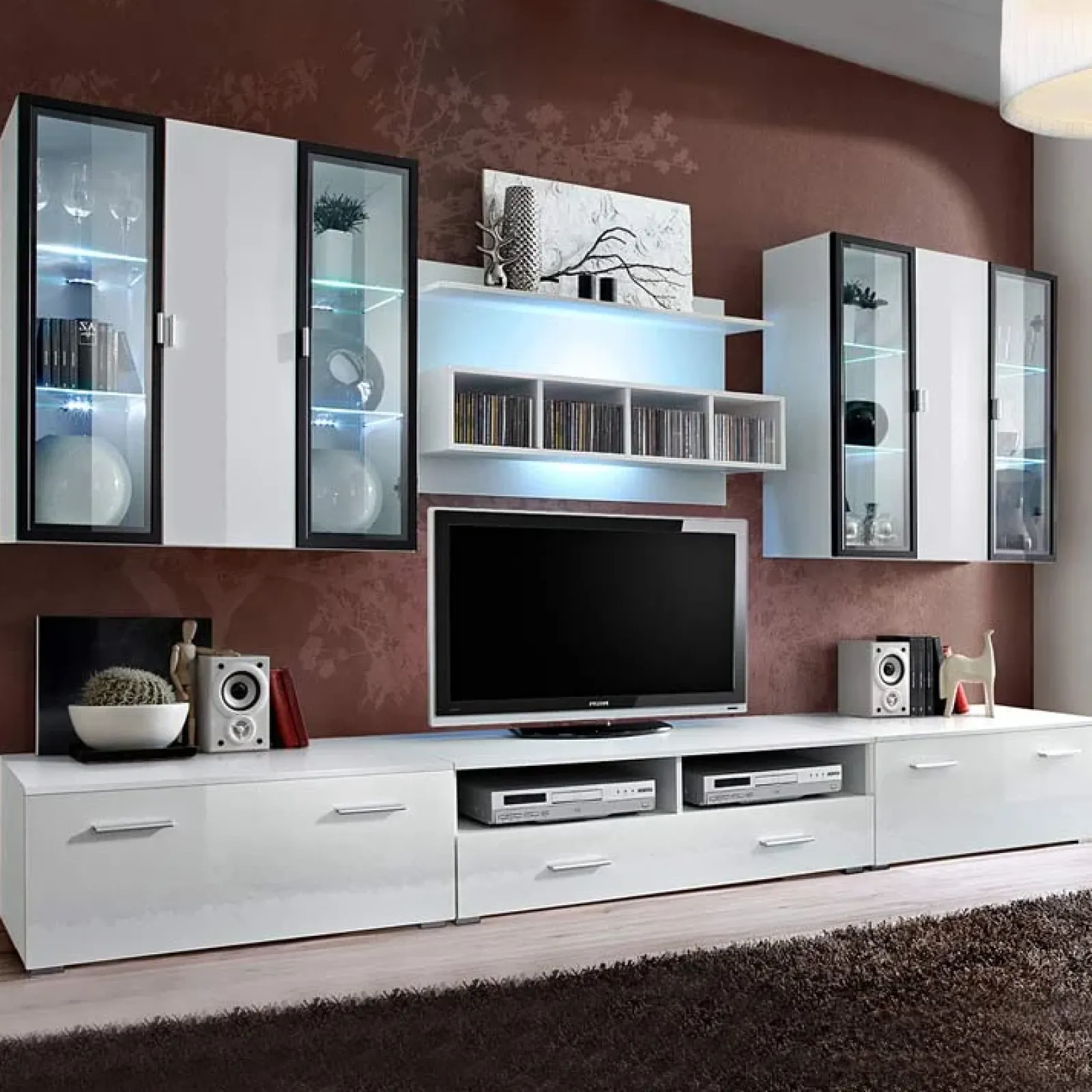 Garnero Arredamenti Parete Attrezzata A Terra|Pareti Attrezzate-Parete attrezzata 300x190h cm bianco opaco e lucido Corfù Gihome® Bianco Lucido