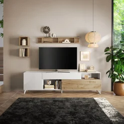 Garnero Arredamenti Parete Attrezzata A Terra|Pareti Attrezzate-Parete attrezzata 241x176h cm bianco lucido rovere chiaro Witty Rovere - Bianco Lucido