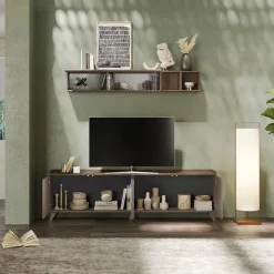 Garnero Arredamenti Parete Attrezzata A Terra|Pareti Attrezzate-Parete attrezzata 241x165h cm bronzo rovere scuro Jonson Tortora - Noce