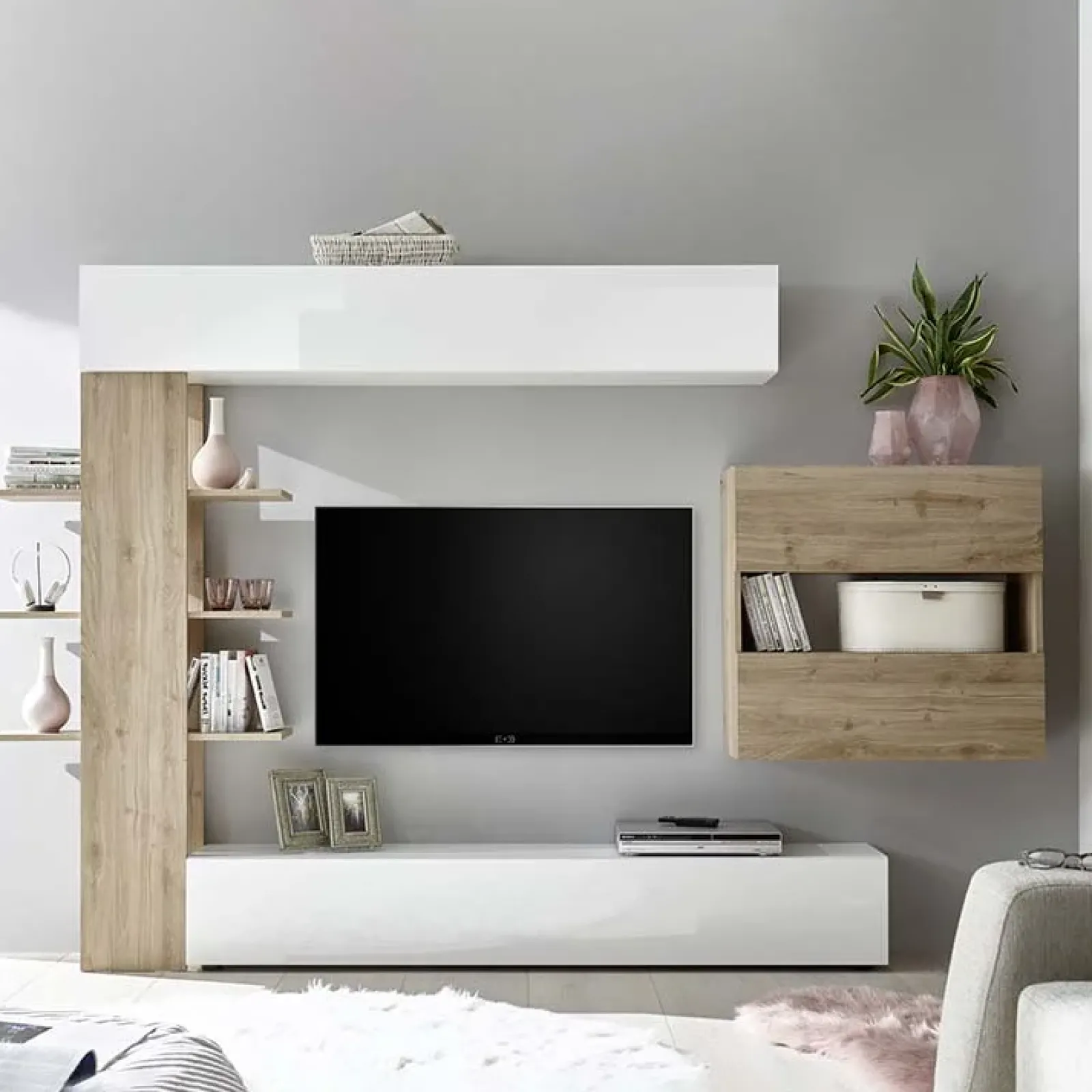 Garnero Arredamenti Parete Attrezzata A Terra|Pareti Attrezzate-Parete attrezzata 285x187h cm bianco lucido e opaco rovere Steppi 2 Bianco Lucido - Rovere