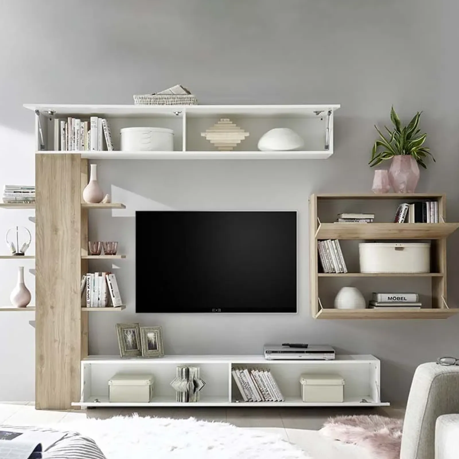 Garnero Arredamenti Parete Attrezzata A Terra|Pareti Attrezzate-Parete attrezzata 285x187h cm bianco lucido e opaco rovere Steppi 2 Bianco Lucido - Rovere