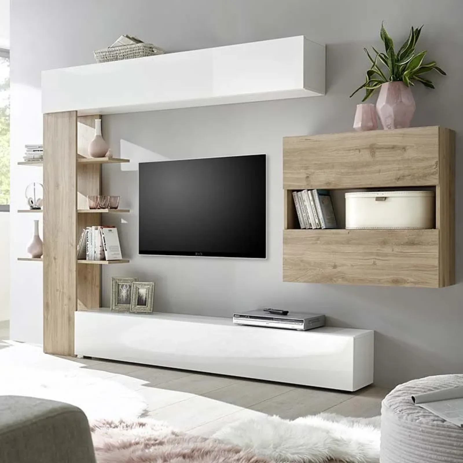 Garnero Arredamenti Parete Attrezzata A Terra|Pareti Attrezzate-Parete attrezzata 285x187h cm bianco lucido e opaco rovere Steppi 2 Bianco Lucido - Rovere