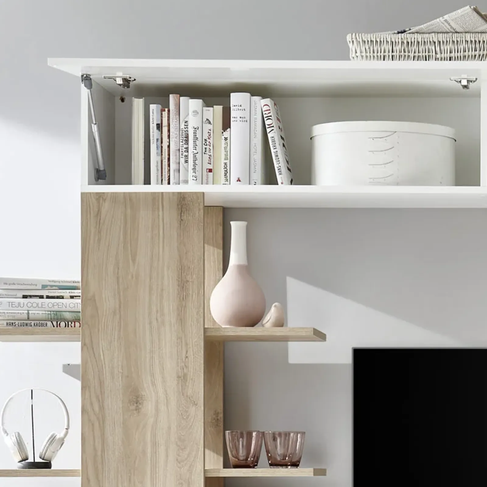 Garnero Arredamenti Parete Attrezzata A Terra|Pareti Attrezzate-Parete attrezzata 285x187h cm bianco lucido e opaco rovere Steppi 2 Bianco Lucido - Rovere