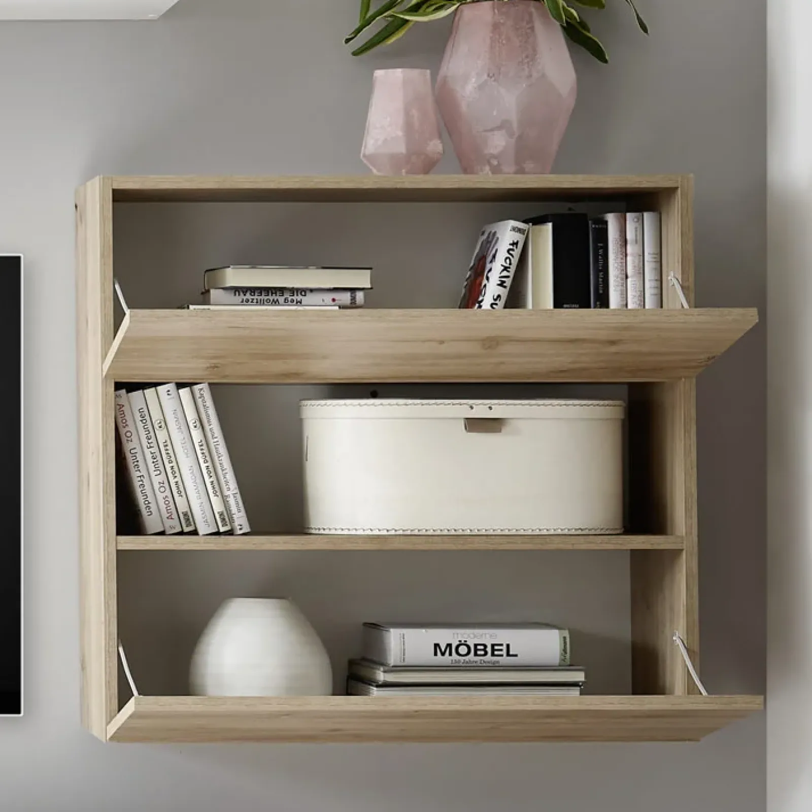 Garnero Arredamenti Parete Attrezzata A Terra|Pareti Attrezzate-Parete attrezzata 285x187h cm bianco lucido e opaco rovere Steppi 2 Bianco Lucido - Rovere