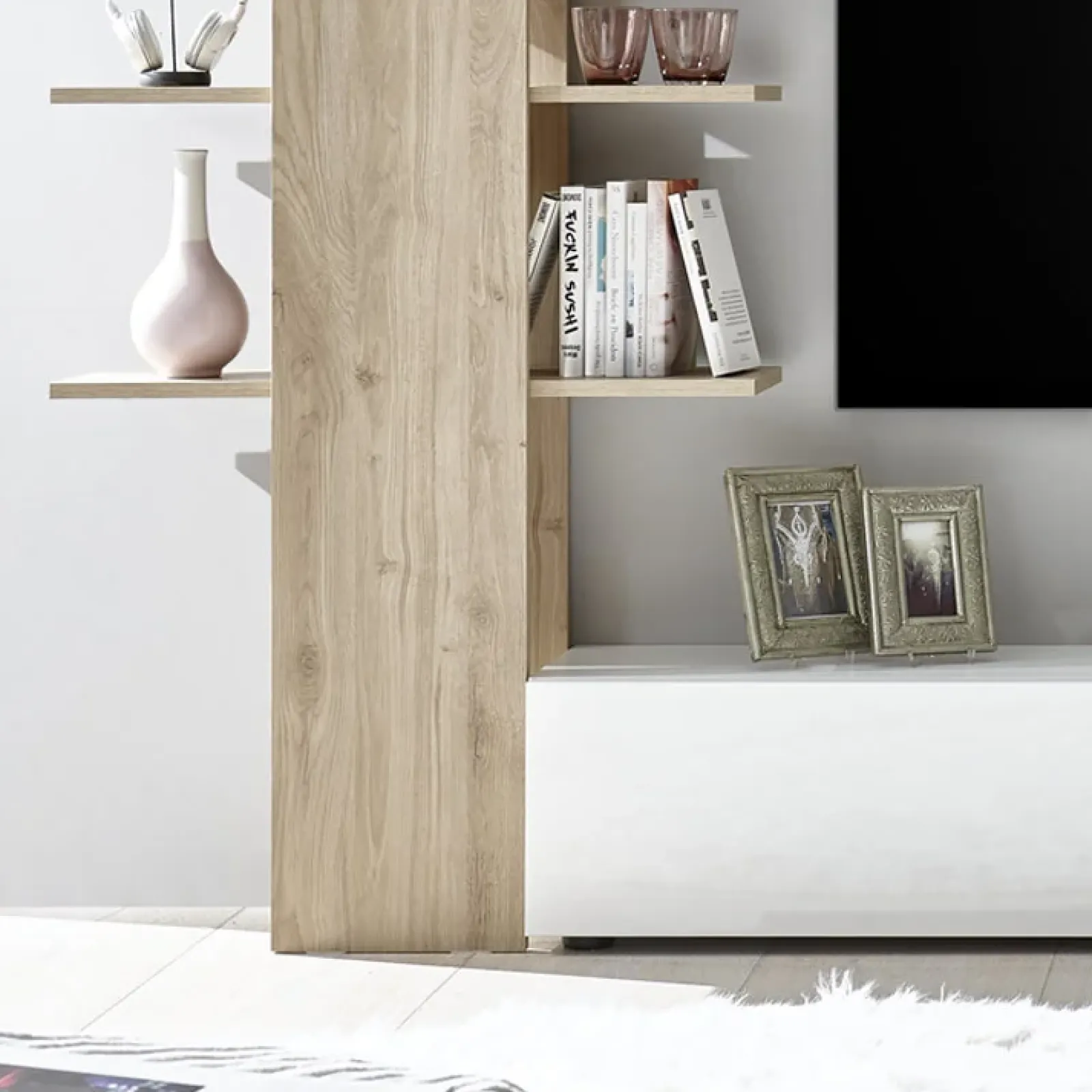 Garnero Arredamenti Parete Attrezzata A Terra|Pareti Attrezzate-Parete attrezzata 285x187h cm bianco lucido e opaco rovere Steppi 2 Bianco Lucido - Rovere