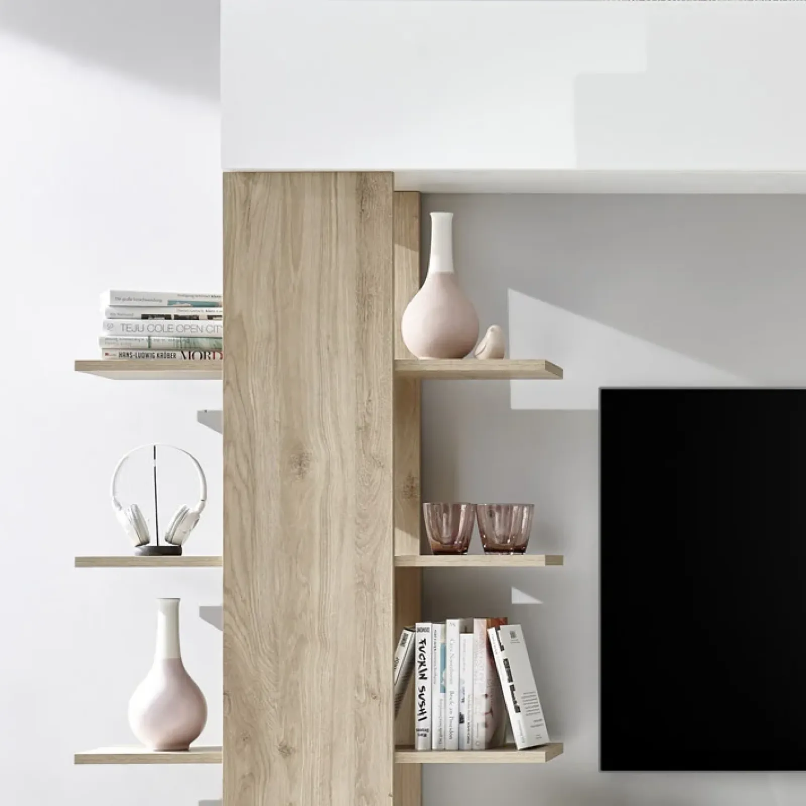 Garnero Arredamenti Parete Attrezzata A Terra|Pareti Attrezzate-Parete attrezzata 285x187h cm bianco lucido e opaco rovere Steppi 2 Bianco Lucido - Rovere