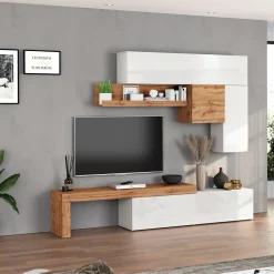 Garnero Arredamenti Parete Attrezzata A Terra|Pareti Attrezzate-Parete attrezzata 270x200h cm bianco lucido rovere Block 2 Bianco Lucido - Rovere