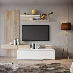 Garnero Arredamenti Parete Attrezzata A Terra|Pareti Attrezzate-Parete attrezzata 205x200h cm bianco lucido con pannello cannettato rovere Rovella