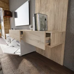 Garnero Arredamenti Parete Attrezzata A Terra|Pareti Attrezzate-Parete attrezzata 205x200h cm bianco lucido con pannello cannettato rovere Rovella