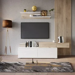 Garnero Arredamenti Parete Attrezzata A Terra|Pareti Attrezzate-Parete attrezzata 205x200h cm bianco lucido con pannello cannettato rovere Rovella