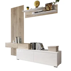 Garnero Arredamenti Parete Attrezzata A Terra|Pareti Attrezzate-Parete attrezzata 205x200h cm bianco lucido con pannello cannettato rovere Rovella