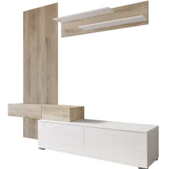 Garnero Arredamenti Parete Attrezzata A Terra|Pareti Attrezzate-Parete attrezzata 205x200h cm bianco lucido con pannello cannettato rovere Rovella