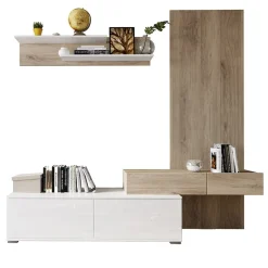 Garnero Arredamenti Parete Attrezzata A Terra|Pareti Attrezzate-Parete attrezzata 205x200h cm bianco lucido con pannello cannettato rovere Rovella