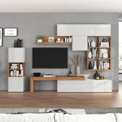 Garnero Arredamenti Parete Attrezzata A Terra|Pareti Attrezzate-Parete attrezzata 350x200h cm bianco lucido rovere Block 3 Bianco Lucido - Rovere