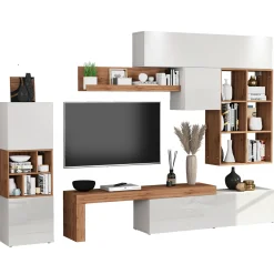 Garnero Arredamenti Parete Attrezzata A Terra|Pareti Attrezzate-Parete attrezzata 350x200h cm bianco lucido rovere Block 3 Bianco Lucido - Rovere