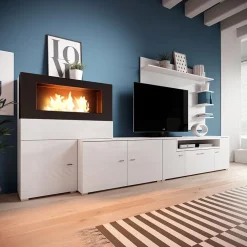 Garnero Arredamenti Camino Bioetanolo|Parete Attrezzata Con Camino-Parete attrezzata 288x170h cm bianca camino bioetanolo Olympo Bianco Opaco