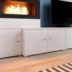 Garnero Arredamenti Camino Bioetanolo|Parete Attrezzata Con Camino-Parete attrezzata 288x170h cm bianca camino bioetanolo Olympo Bianco Opaco