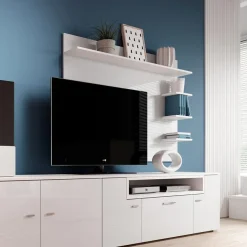 Garnero Arredamenti Camino Bioetanolo|Parete Attrezzata Con Camino-Parete attrezzata 288x170h cm bianca camino bioetanolo Olympo Bianco Opaco