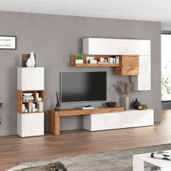 Garnero Arredamenti Parete Attrezzata A Terra|Pareti Attrezzate-Parete attrezzata 350x200h cm bianco lucido rovere Block 1 Bianco Lucido - Rovere