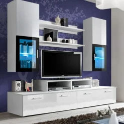 Garnero Arredamenti Parete Attrezzata A Terra|Pareti Attrezzate-Parete attrezzata 200x225h cm con vetrinetta nero Orlando Gihome® Bianco Lucido