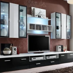 Garnero Arredamenti Parete Attrezzata A Terra|Pareti Attrezzate-Parete attrezzata 300x190h cm bianco nero lucido Corfù Gihome® Nero Lucido - Bianco Lucido