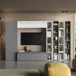 Garnero Arredamenti Parete Attrezzata A Terra|Pareti Attrezzate-Parete attrezzata 305x186h cm bianco lucido grigio Sunset 10 Grigio - Bianco Lucido