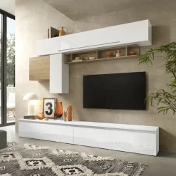 Garnero Arredamenti Parete Attrezzata A Terra|Pareti Attrezzate-Parete attrezzata 276x187h cm bianco lucido rovere chiaro Sunset 17 Rovere - Bianco Lucido