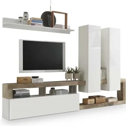 Garnero Arredamenti Parete Attrezzata A Terra|Pareti Attrezzate-Parete attrezzata 277x200h cm bianco lucido pero soggiorno Invictus Bianco Lucido - Rovere Rustico