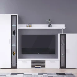 Garnero Arredamenti Parete Attrezzata A Terra|Pareti Attrezzate-Parete attrezzata 256x182h cm bianco nero Newcastle Bianco Opaco - Bianco opaco