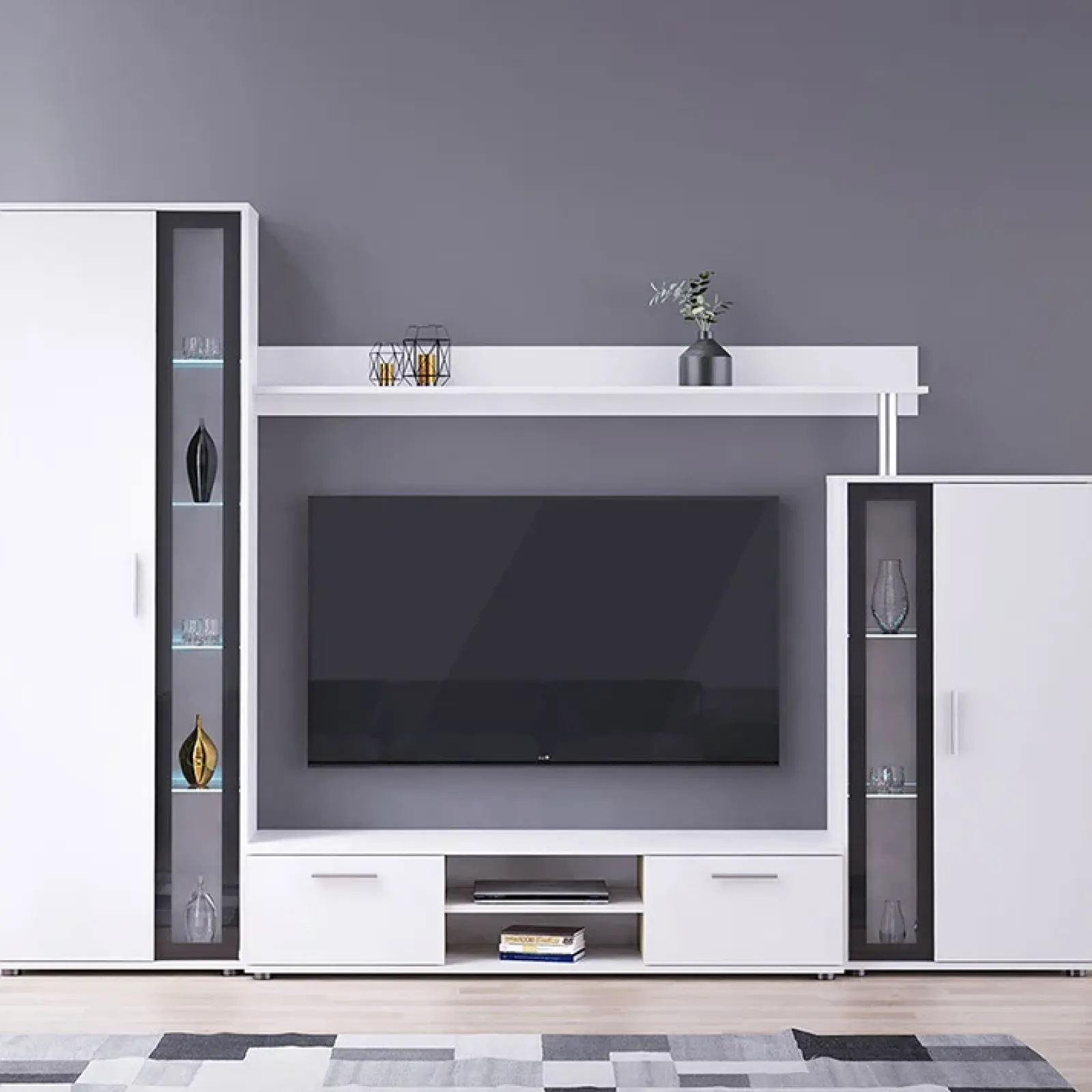 Garnero Arredamenti Parete Attrezzata A Terra|Pareti Attrezzate-Parete attrezzata 256x182h cm bianco nero Newcastle Bianco Opaco - Bianco opaco