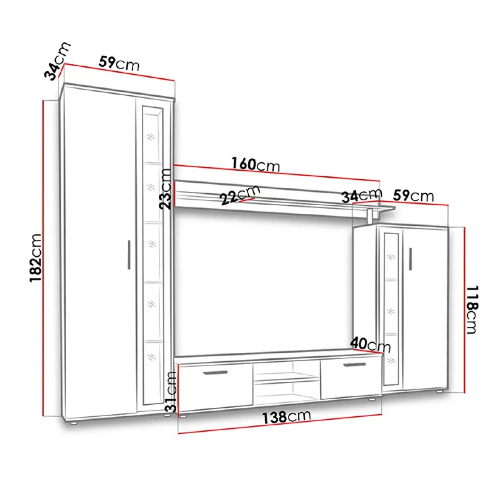 Garnero Arredamenti Parete Attrezzata A Terra|Pareti Attrezzate-Parete attrezzata 256x182h cm bianco nero Newcastle Bianco Opaco - Bianco opaco
