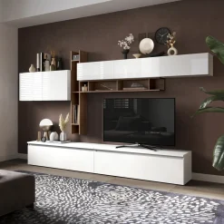 Garnero Arredamenti Parete Attrezzata A Terra|Pareti Attrezzate-Parete attrezzata 336x200h cm bianco lucido rovere scuro Sunset 32 Noce - Bianco Lucido