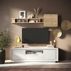 Garnero Arredamenti Parete Attrezzata A Terra|Pareti Attrezzate-Parete attrezzata 180x200h cm bianco opaco rovere chiaro Deluxe Bianco Opaco - Rovere