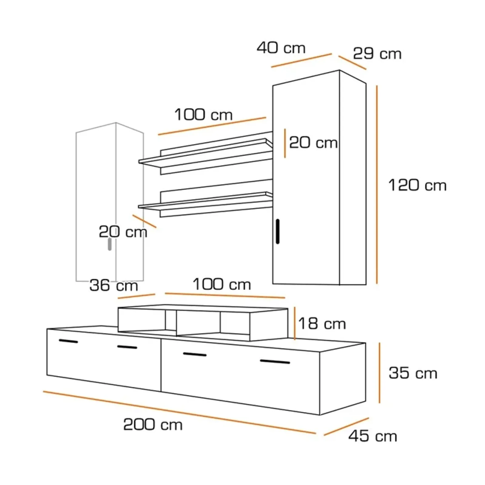 Garnero Arredamenti Parete Attrezzata A Terra|Pareti Attrezzate-Parete attrezzata 200x225h cm bianco nero lucido Orlando Gihome® Bianco Lucido - Nero Lucido