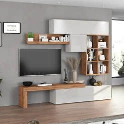 Garnero Arredamenti Parete Attrezzata A Terra|Pareti Attrezzate-Parete attrezzata 270x200h cm bianco lucido rovere Block 4 Bianco Lucido - Rovere