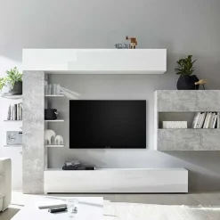 Garnero Arredamenti Parete Attrezzata A Terra|Pareti Attrezzate-Parete attrezzata 285x187h cm bianco lucido e opaco cemento Steppi 2 Cemento - Bianco Lucido