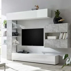 Garnero Arredamenti Parete Attrezzata A Terra|Pareti Attrezzate-Parete attrezzata 285x187h cm bianco lucido e opaco cemento Steppi 2 Cemento - Bianco Lucido