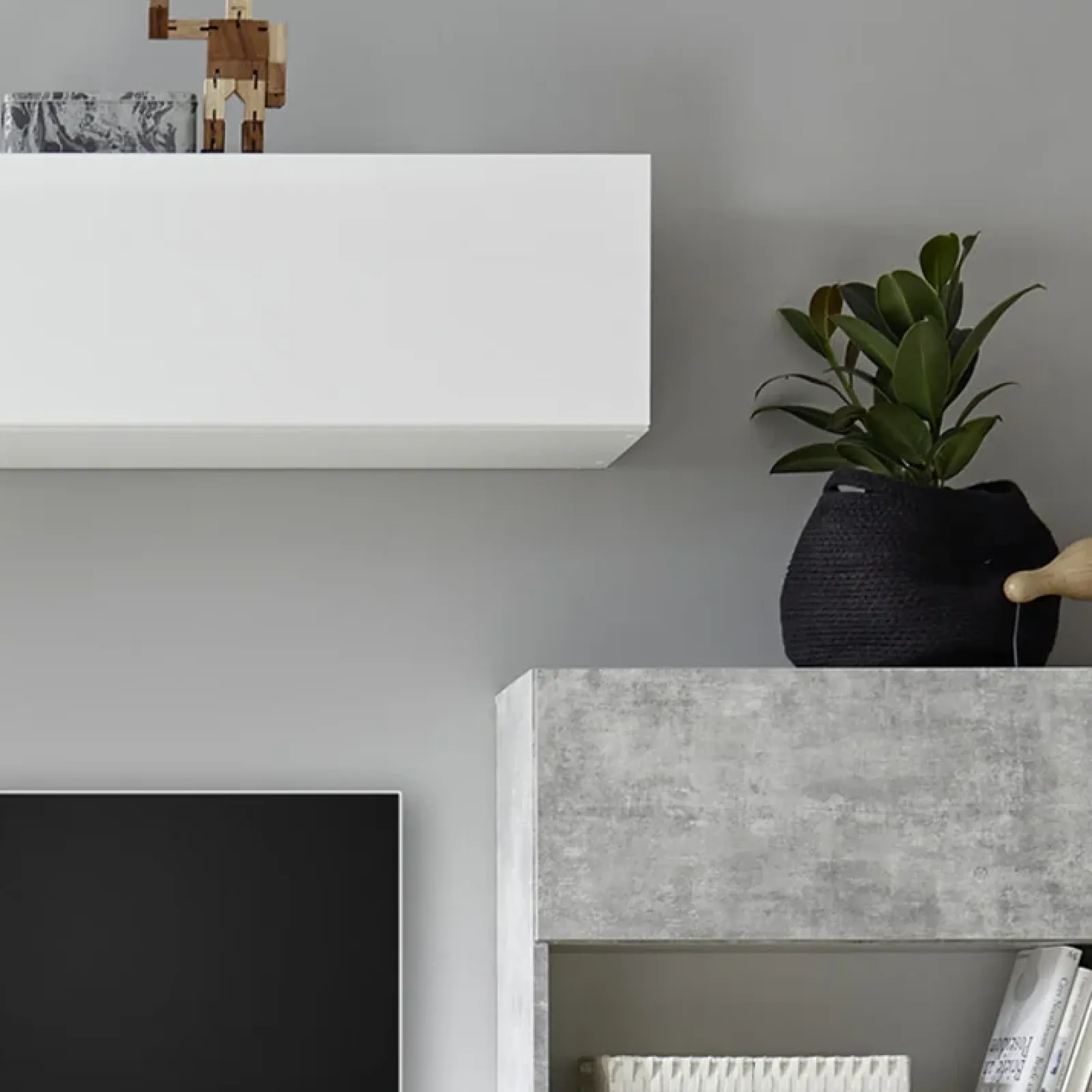 Garnero Arredamenti Parete Attrezzata A Terra|Pareti Attrezzate-Parete attrezzata 285x187h cm bianco lucido e opaco cemento Steppi 2 Cemento - Bianco Lucido