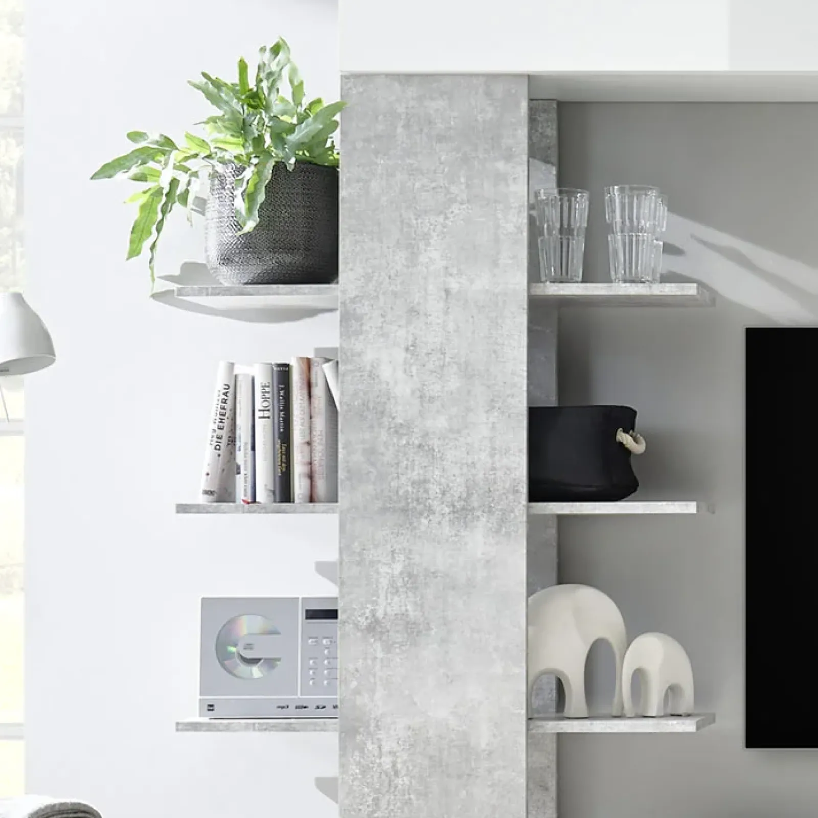 Garnero Arredamenti Parete Attrezzata A Terra|Pareti Attrezzate-Parete attrezzata 285x187h cm bianco lucido e opaco cemento Steppi 2 Cemento - Bianco Lucido