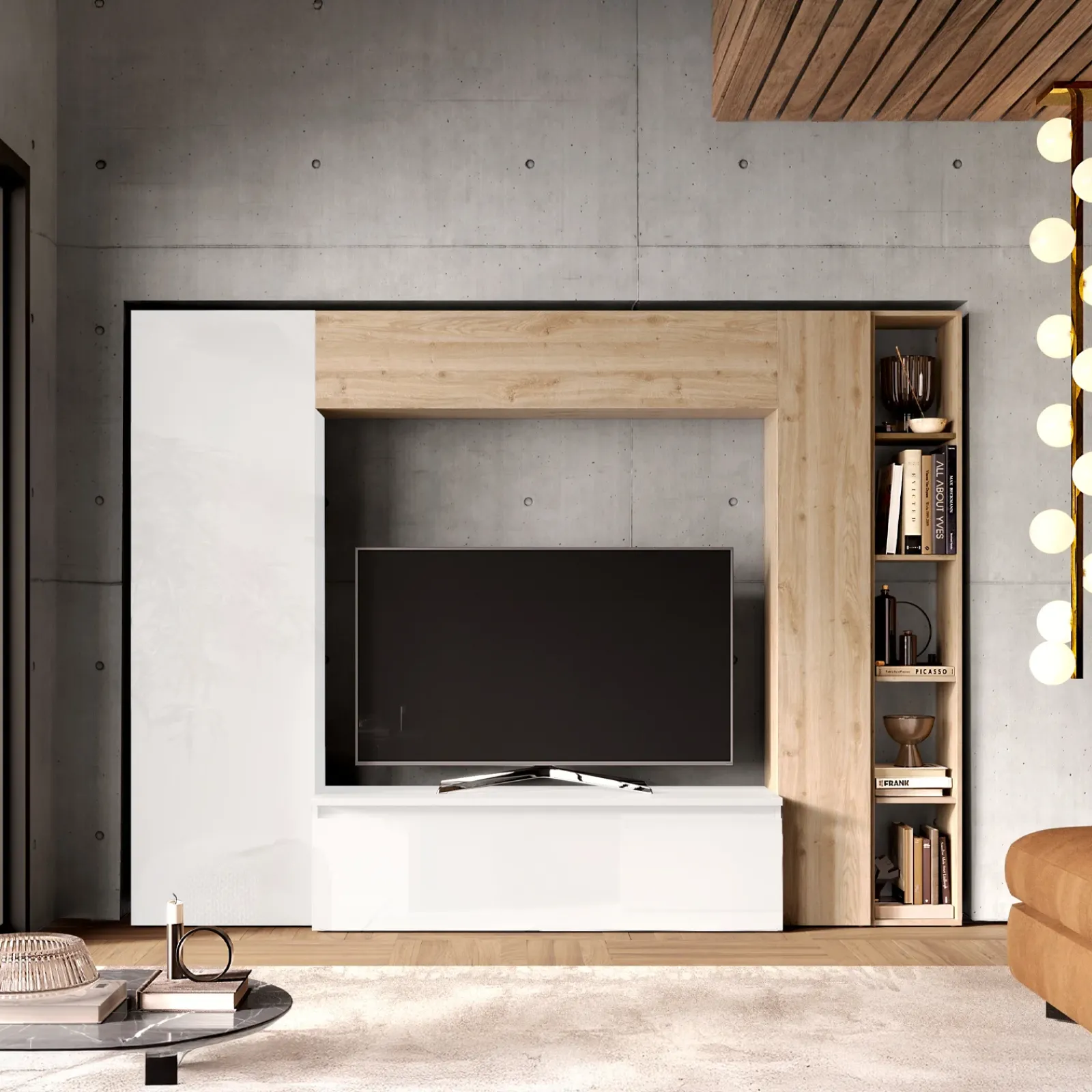 Garnero Arredamenti Parete Attrezzata A Terra|Pareti Attrezzate-Parete attrezzata 249x186h cm bianco lucido rovere chiaro Sunset 9 Rovere - Bianco Lucido