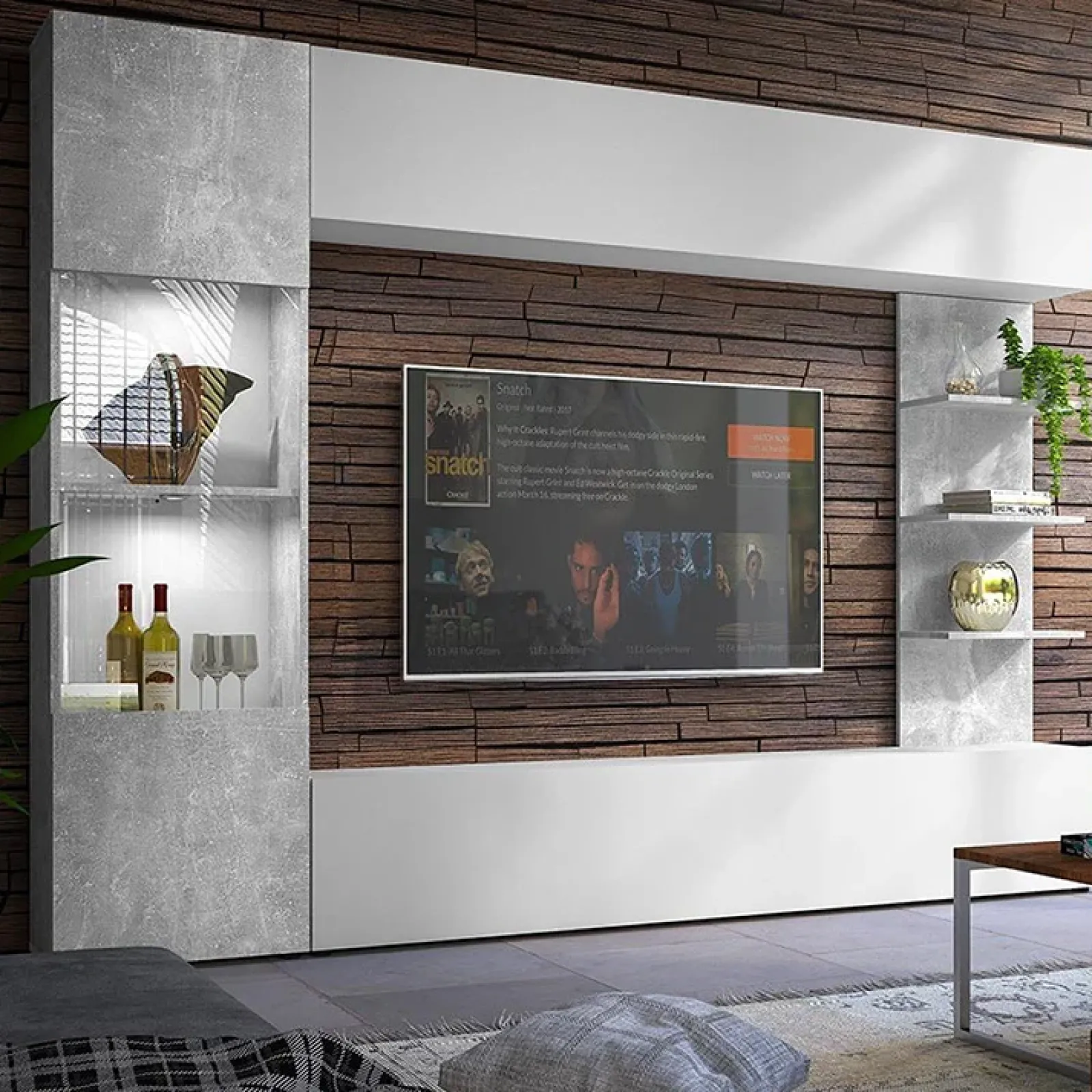 Garnero Arredamenti Parete Attrezzata A Terra|Pareti Attrezzate-Parete attrezzata 250x187h cm con led bianco cemento Gracia