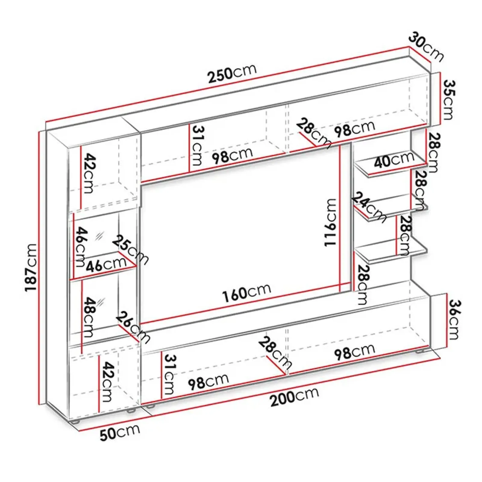 Garnero Arredamenti Parete Attrezzata A Terra|Pareti Attrezzate-Parete attrezzata 250x187h cm con led bianco cemento Gracia